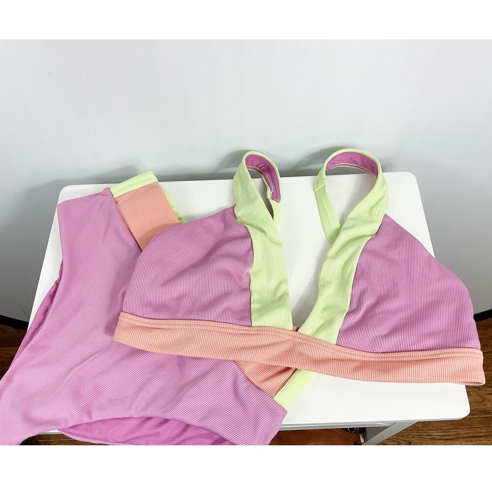 Infamous Swim x Erica Shaw Bikini Set Pink Orange Neon Colorblock Two Piece XXL